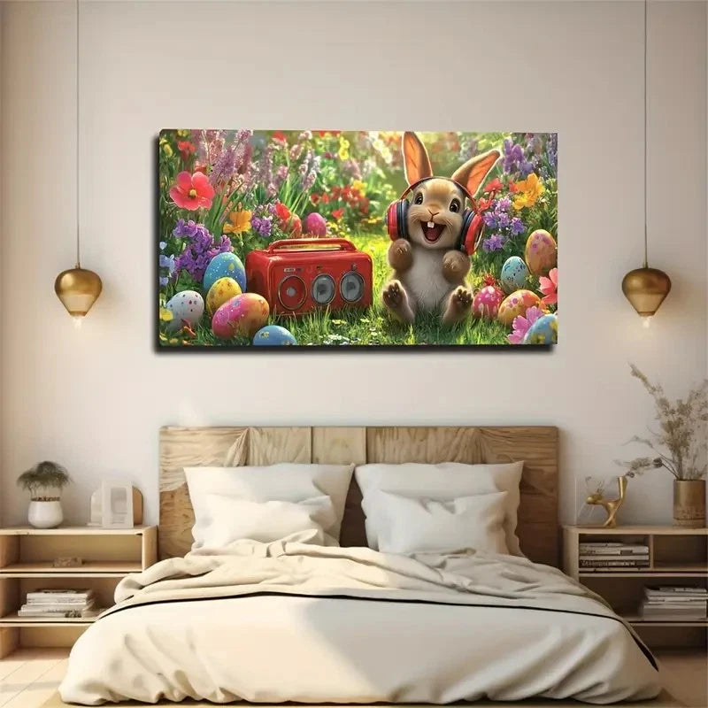 Colorful Flowers Rabbit Vibrant Wall Art Canvas Office Home Room Framed 120x60cm
