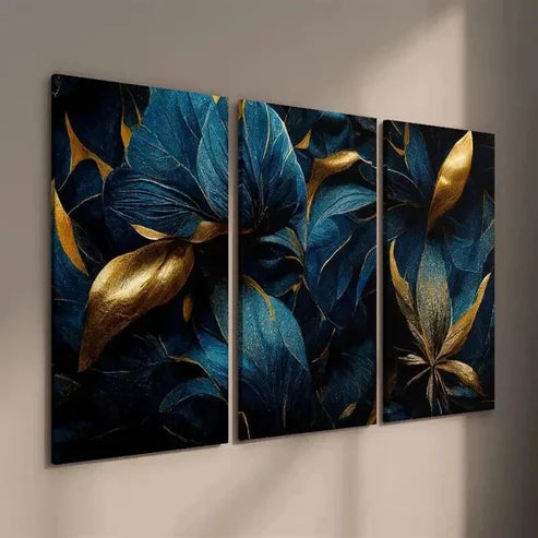 3pcs Abstract Golden And Blue Tropical Leaves Wall Art Set Canvas Unframed - High Quality Print 100% Australian Made Wall Canvas - Bella Home Decor