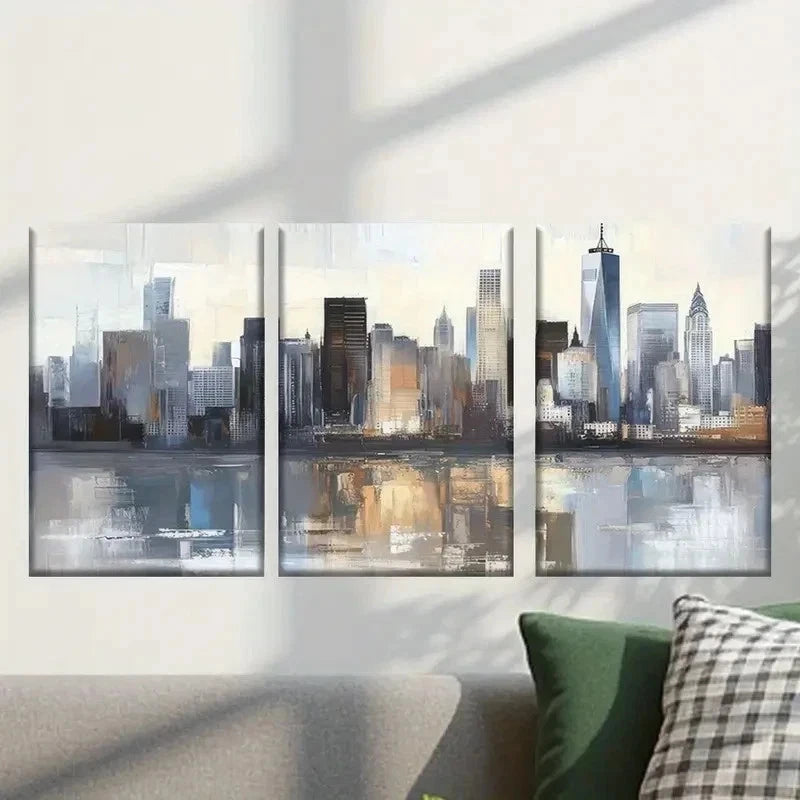 3pcs Painting of a Cityscape with Buildings Wall Art Set Canvas Framed 50x70cm - High Quality Print 100% Australian Made Wall Canvas Ready to Hang