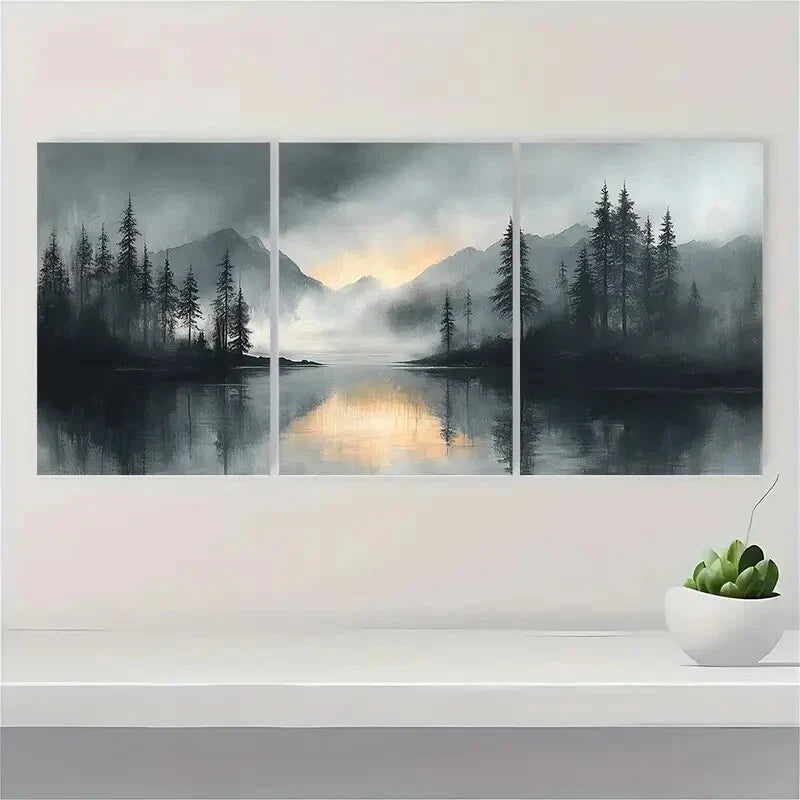 3pcs Gray Watercolor Abstract Landscape Metal Print Ready to Hang Art - Bella Home Decor