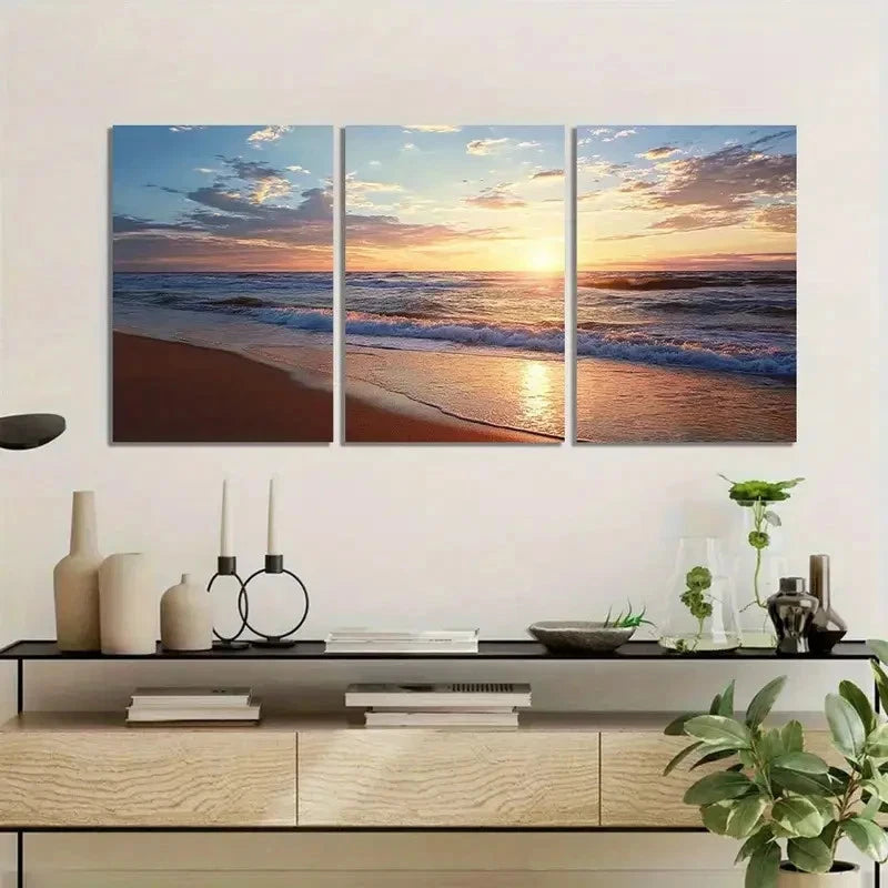 3pcs Beach Sunset Scene with Golden Sand Metal Print Ready to Hang Art - Bella Home Decor