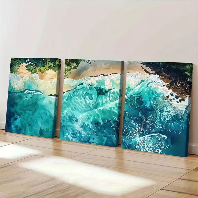 3pcs Tranquil Beach with Turquoise Waters Wall Art Set Canvas Framed 50x70cm - High Quality Print 100% Australian Made Wall Canvas Ready to Hang - Bella Home Decor