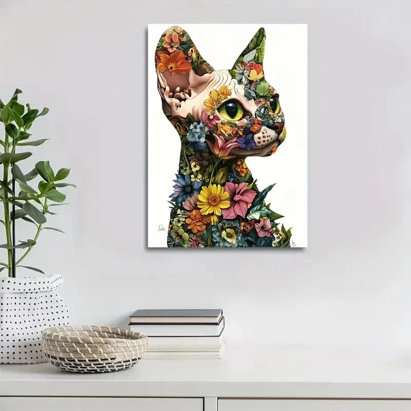 Vibrant Floral Sphynx Kitten Colorful Flowers Painting 40x60cm Metal Print Ready to Hang - Bella Home Decor