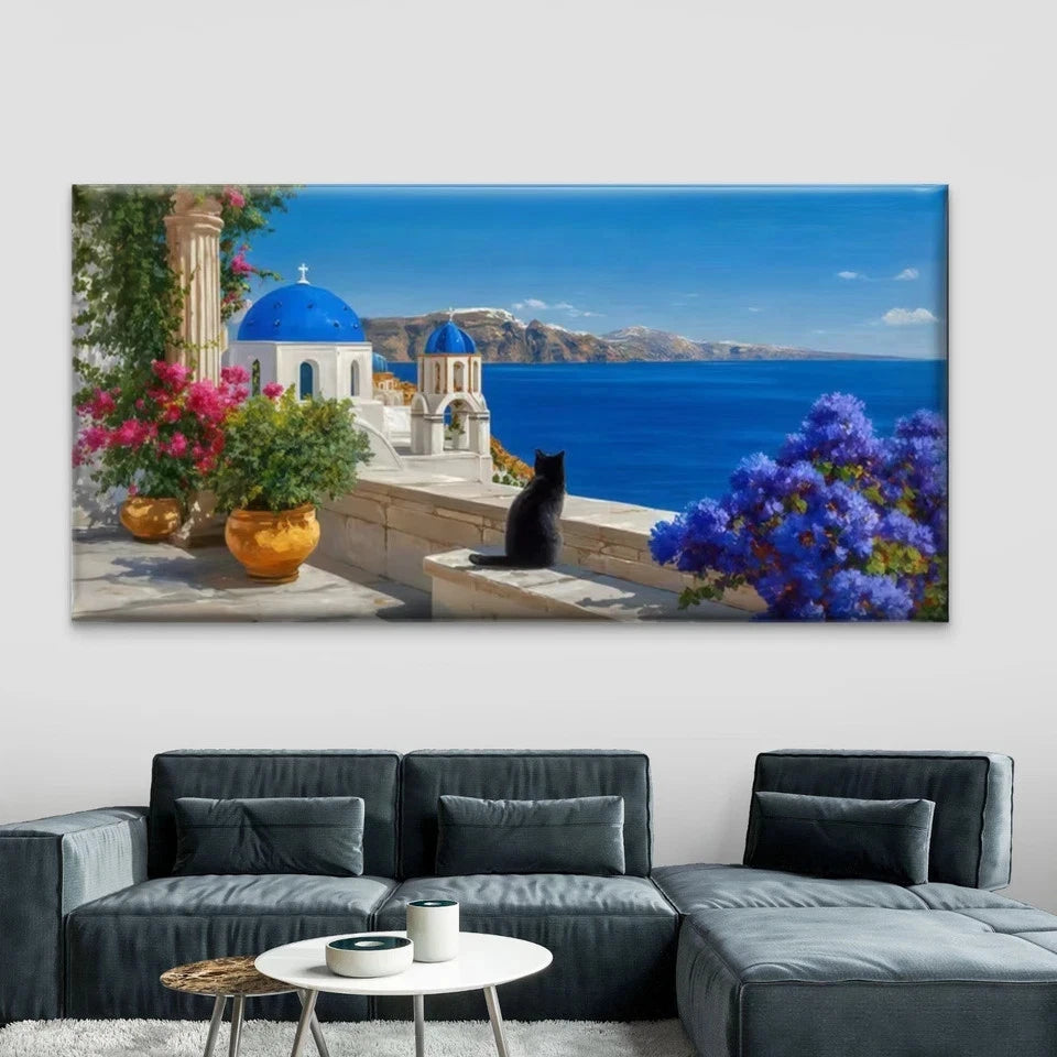 Mediterranean Sea ,Black Cat Wall Art Canvas Office Home Room Framed 120x60cm
