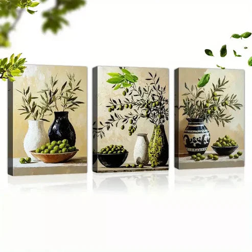 3pcs Charming Olives Branch Still Life Vases Wall Art Canvas Unframed - High Quality Print 100% Australian Made Wall Canvas