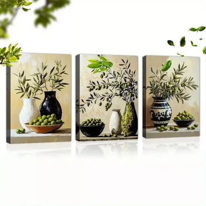 3pcs Charming Olives Branch Still Life Vases Wall Art Canvas Unframed - High Quality Print 100% Australian Made Wall Canvas