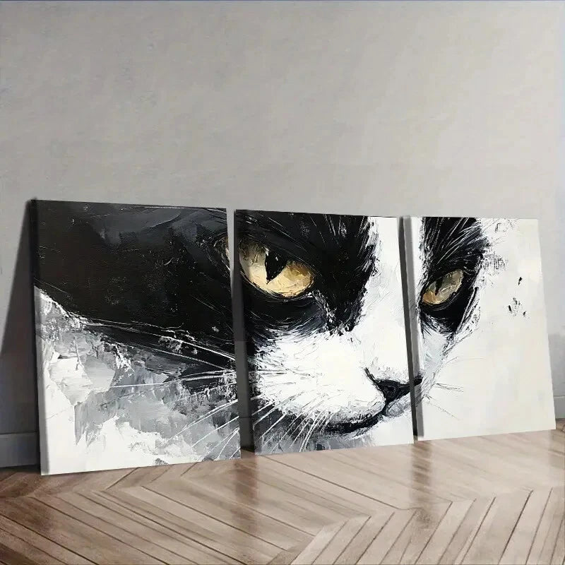 3pcs Black and White Tuxedo Cat Decor Wall Art Set Canvas Framed 40x60cm - High Quality Print 100% Australian Made Wall Canvas Ready to Hang