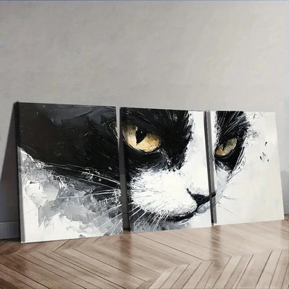 3pcs Black and White Tuxedo Cat Decor Wall Art Set Canvas Framed 40x60cm - High Quality Print 100% Australian Made Wall Canvas Ready to Hang