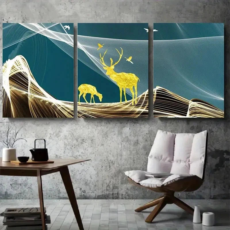 3pcs Golden Deer and Nature Landscape Metal Print Ready to Hang Art - Bella Home Decor