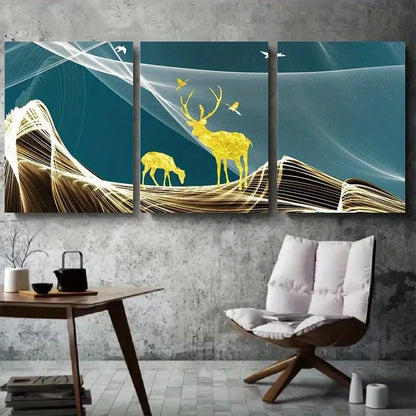 3pcs Golden Deer and Nature Landscape Metal Print Ready to Hang Art - Bella Home Decor