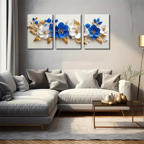 3pcs Blue & White Floral Design Triptych Perfect Wall Art Canvas Unframed - High Quality Print 100% Australian Made Wall Canvas - Bella Home Decor