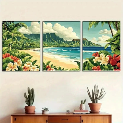 3pcs Hibiscus Flowers & Ocean View Perfect Wall Art Set Canvas Framed 60x90cm - High Quality Print 100% Australian Made Wall Canvas Ready to Hang - Bella Home Decor