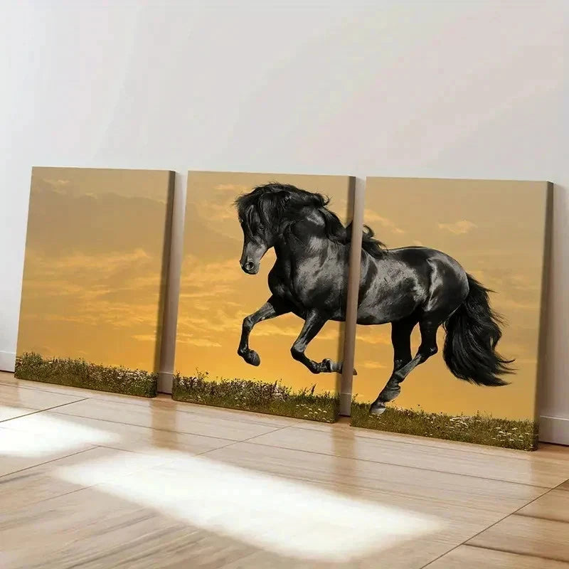 3pcs Elegant Black Horse with Golden Sky Wall Art Set Canvas Framed 60x90cm - High Quality Print 100% Australian Made Wall Canvas Ready to Hang - Bella Home Decor
