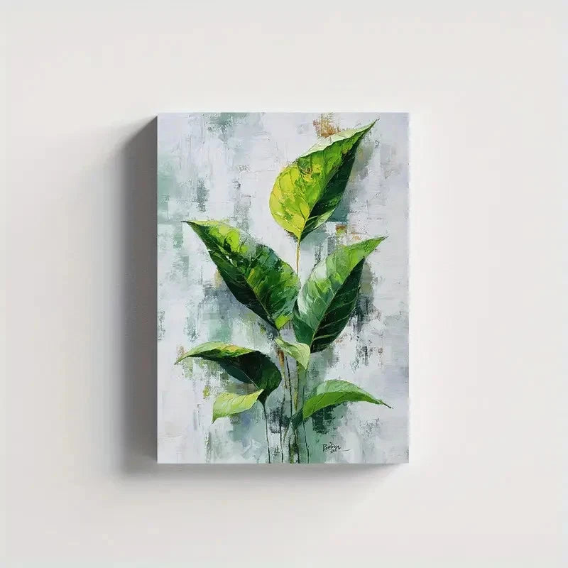 Minimalist Leaf Design In Green Painting 40x60cm Metal Print Ready to Hang