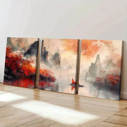 3pcs Retro Traditional Chinese Landscape  Wall Art Set Canvas Unframed - High Quality Print 100% Australian Made Wall