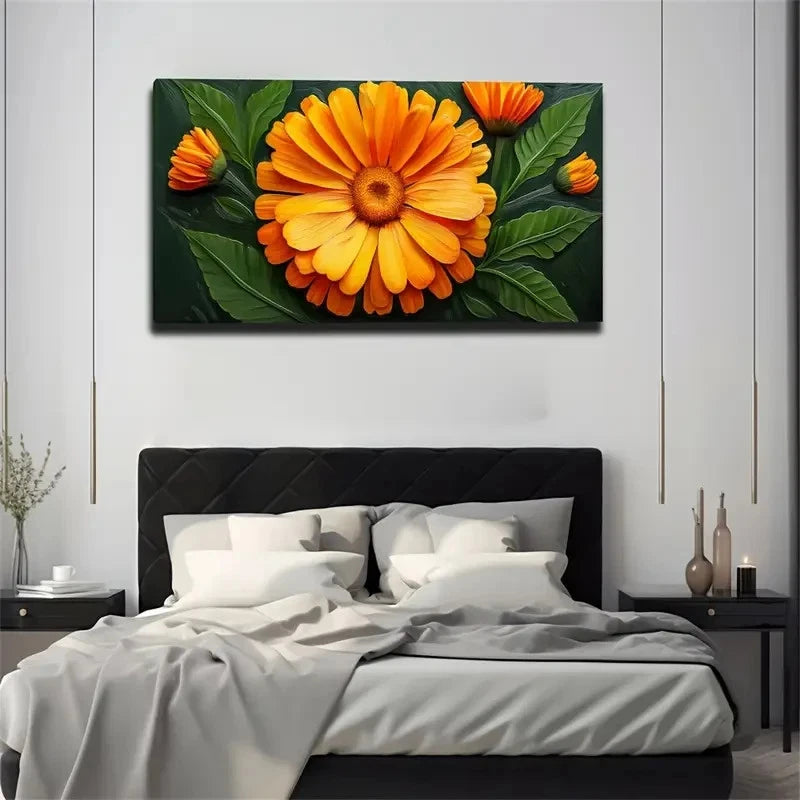 Yellow Flowers Green Leaves Wall Art Canvas Office Home Room Framed 120x60cm