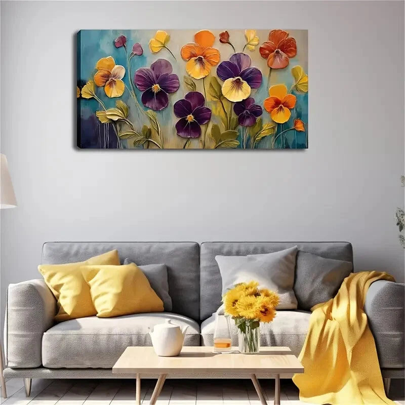Violets & Hydrangeas Pansies Wall Art Canvas Office Home Room Framed 120x60cm - Bella Home Decor