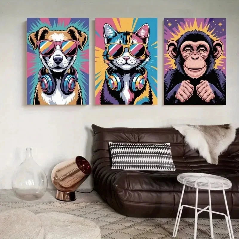 3pcs  Vibrant Pop  Animals  Art  Wall Art Set Canvas Framed 50x70cm - High Quality Print 100% Australian Made Wall Canvas Ready to Hang - Bella Home Decor