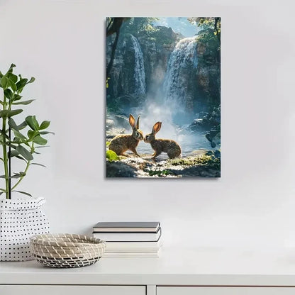 Playful Rabbits By Crystal Waterfall Painting 40x60cm Metal Print Ready to Hang - Bella Home Decor