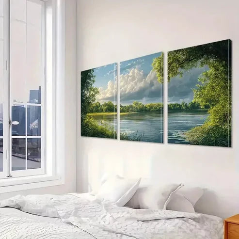 3pcs Serene River & Clouds And Green Art Set Canvas Unframed - High Quality Print 100% Australian Made Wall Canvas