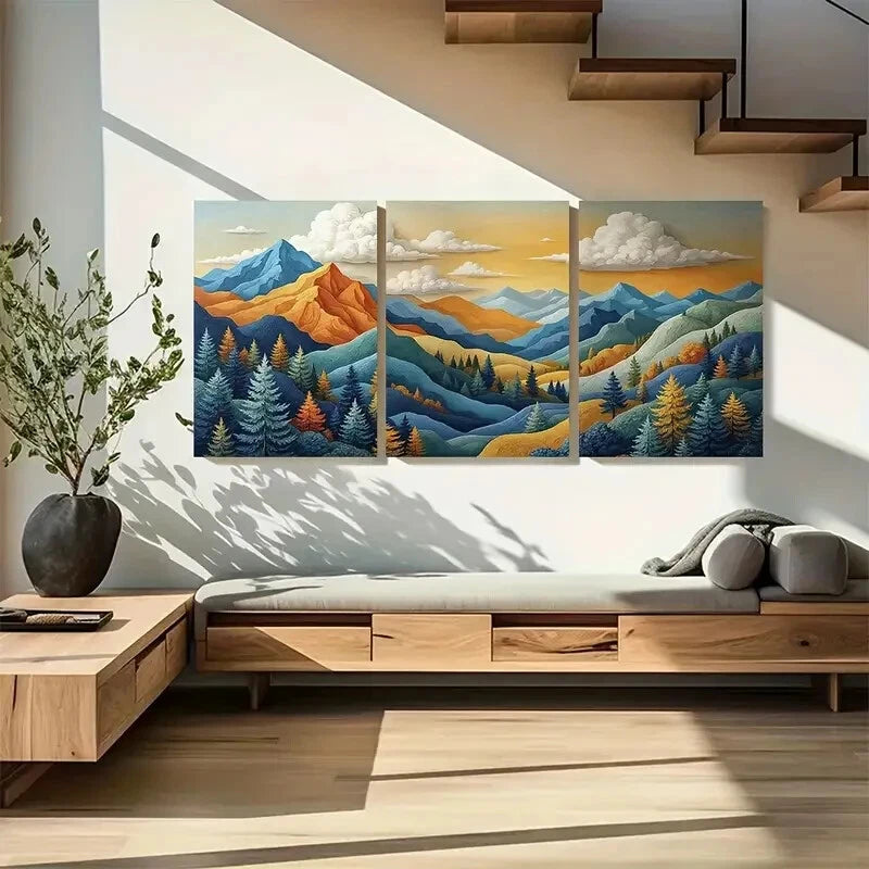 3pcs Golden Blue & Orange Rolling Hills Forests Metal Print Ready to Hang Art - Bella Home Decor