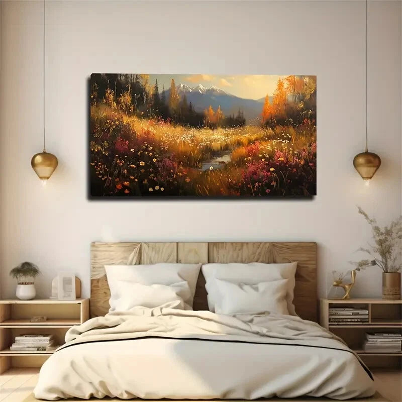 Wildflowers & Grasses Stream Wall Art Canvas Office Home Room Framed 120x60cm - Bella Home Decor