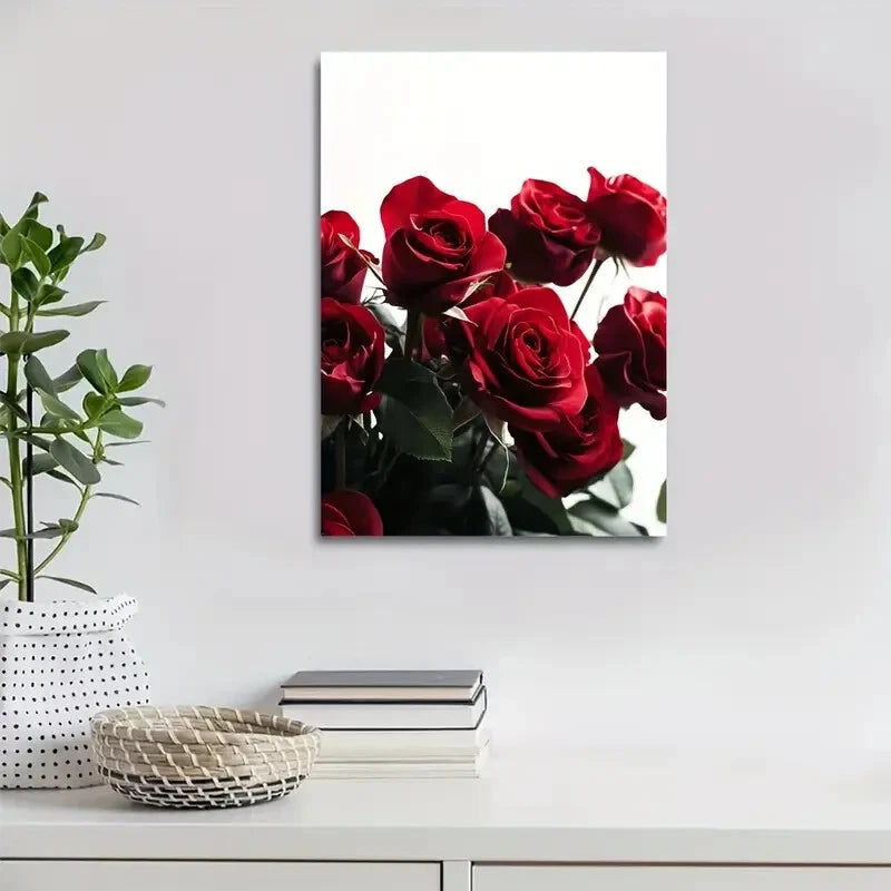 Vibrant Red Roses with Green Leaves Painting 40x60cm Metal Print Ready to Hang - Bella Home Decor