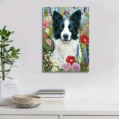 Flowers And Plants Cute Border Collie Dog Painting 40x60cm Metal Print Ready to Hang