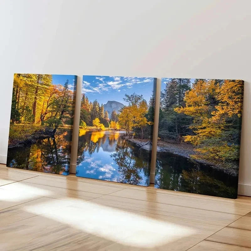 3pcs Forest Woods & Lake Modern Wall Art Set Canvas Framed 50x70cm - High Quality Print 100% Australian Made Wall Canvas Ready to Hang - Bella Home Decor