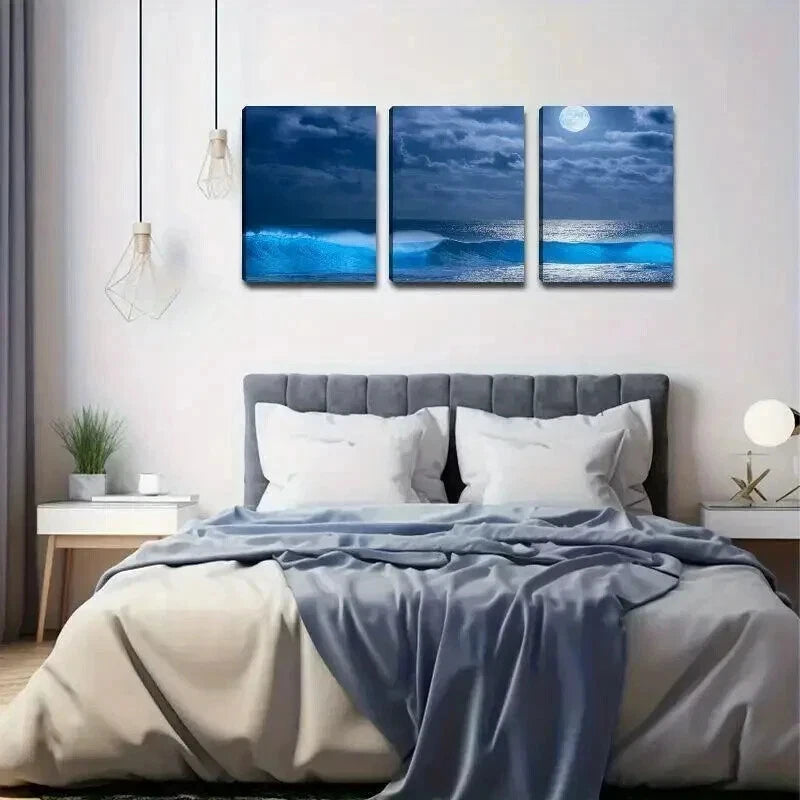 3pcs Glowing Ocean Waves & Moonlit Night Scene Wall Art Set Canvas Framed 60x90cm - High Quality Print 100% Australian Made Wall Canvas Ready to Hang