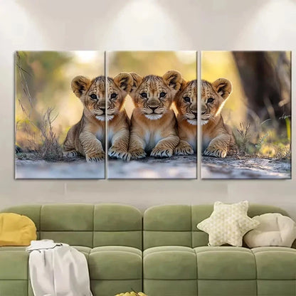 3pcs Lion Cubs Cuddling Wildlife Photography Wall Art Set Canvas Framed 60x90cm - High Quality Print 100% Australian Made Wall Canvas Ready to Hang