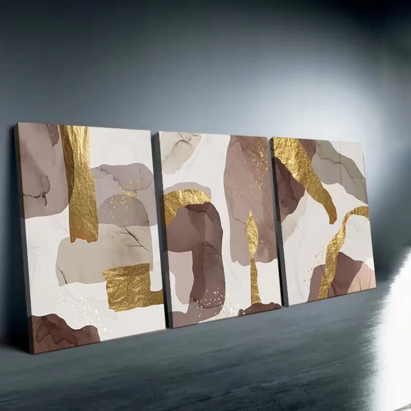 3pcs Abstract Brown And Golden Foil Wall Art Set Canvas Framed 50x70cm - High Quality Print 100% Australian Made Wall Canvas Ready to Hang