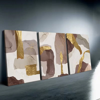 3pcs Abstract Brown And Golden Foil Wall Art Set Canvas Framed 50x70cm - High Quality Print 100% Australian Made Wall Canvas Ready to Hang