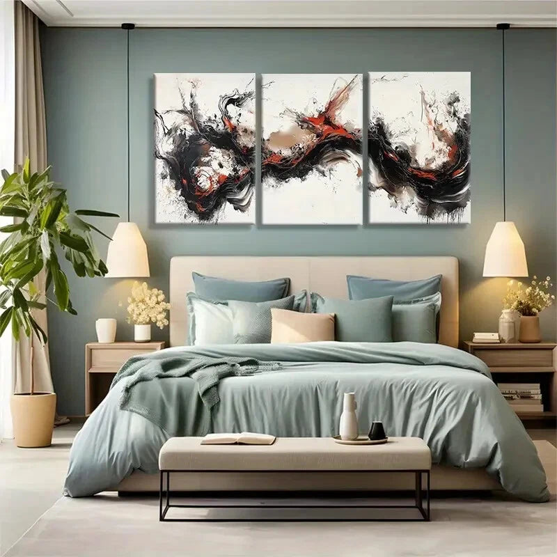 3pcs Dynamic Black Red and White Abstract Metal Print Ready to Hang Art - Bella Home Decor