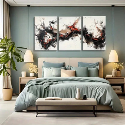 3pcs Dynamic Black Red and White Abstract Metal Print Ready to Hang Art - Bella Home Decor