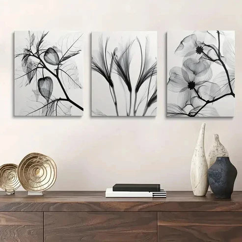 3pcs Black and White Botanical Floral and Leaf Wall Art Canvas Unframed - High Quality Print 100% Australian Made Wall Canvas - Bella Home Decor