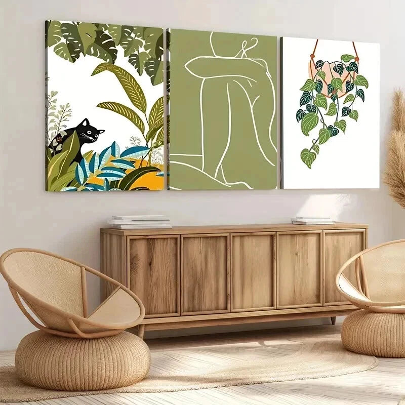 3pcs Abstract Classic Modern Botanical Black Cat Wall Art Set Canvas Framed 40x60cm - High Quality Print 100% Australian Made Wall Canvas Ready to Hang