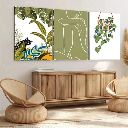 3pcs Abstract Classic Modern Botanical Black Cat Wall Art Set Canvas Framed 40x60cm - High Quality Print 100% Australian Made Wall Canvas Ready to Hang