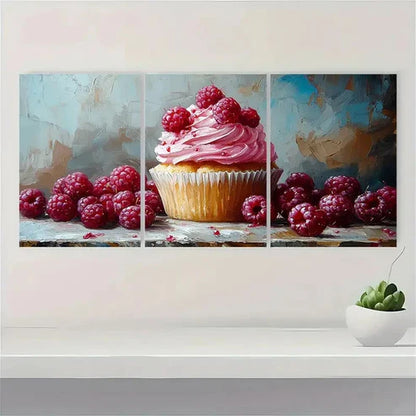 3pcs Berries Cupcake Dessert Neutral Wall Art Set Canvas Unframed - High Quality Print 100% Australian Made Wall Canvas - Bella Home Decor