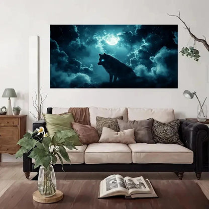 Wolf Howling Moon Night Sky Wall Art Canvas Office Home Room Framed 120x60cm