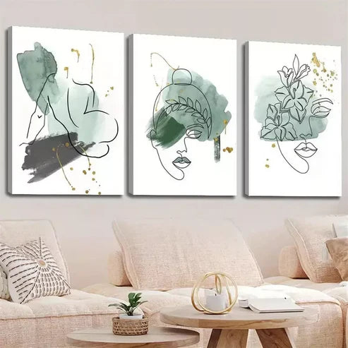 3pcs Abstract Green Sage Line Face Shape Canvas Unframed - High Quality Print 100% Australian Made Wall Canvas - Bella Home Decor