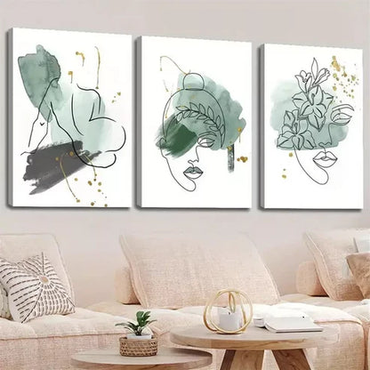 3pcs Abstract Green Sage Line Face Shape Canvas Unframed - High Quality Print 100% Australian Made Wall Canvas - Bella Home Decor