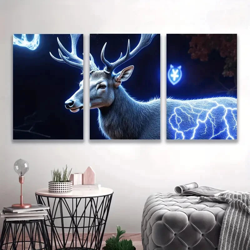 3pcs Blue Deer Mystical Canvas Poster  Wall Art Set Canvas Framed 50x70cm - High Quality Print 100% Australian Made Wall Canvas Ready to Hang - Bella Home Decor