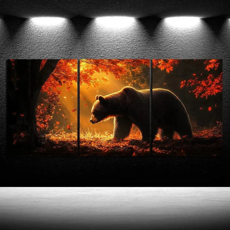 3pcs Bears in the Forest Red Leaves Metal Print Ready to Hang Art - Bella Home Decor