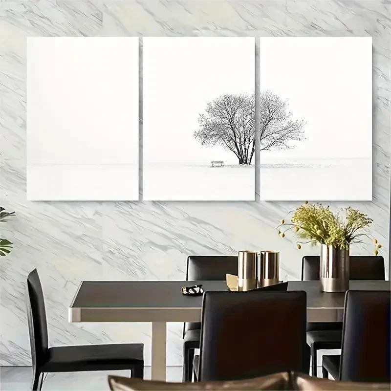 3pcs Serene Snowy Landscape with Leafless Tree Metal Print Ready to Hang Art