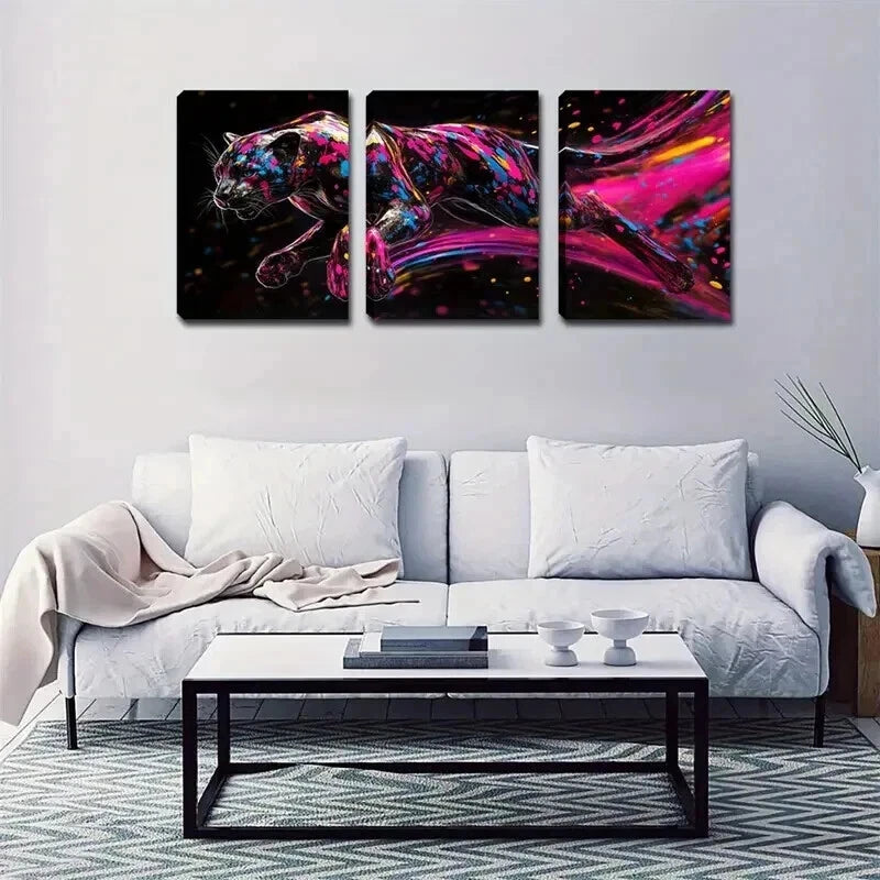 3pcs Vibrant Black Panther Design Perfect Wall Art Set Canvas Framed 60x90cm - High Quality Print 100% Australian Made Wall Canvas Ready to Hang - Bella Home Decor
