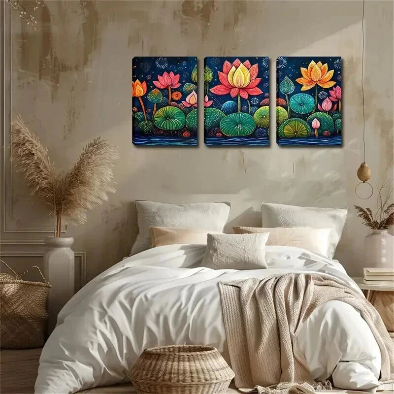 3pcs Colorful Lotus Flowercs Triptychs Perfect Wall Art Set Canvas Framed 60x90cm - High Quality Print 100% Australian Made Wall Canvas Ready to Hang - Bella Home Decor