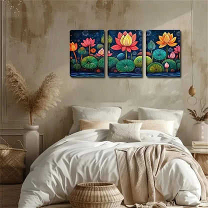 3pcs Colorful Lotus Flowercs Triptychs Perfect Wall Art Set Canvas Framed 60x90cm - High Quality Print 100% Australian Made Wall Canvas Ready to Hang - Bella Home Decor