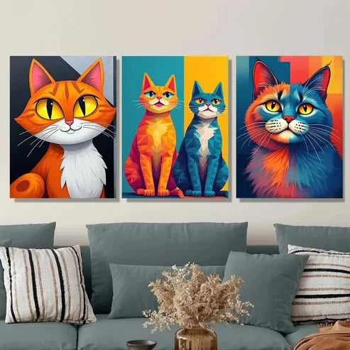 3pcs Colorful Cat Vibrant Animal Paintings Wall Art Set Canvas Unframed - High Quality Print 100% Australian Made Wall Canvas - Bella Home Decor