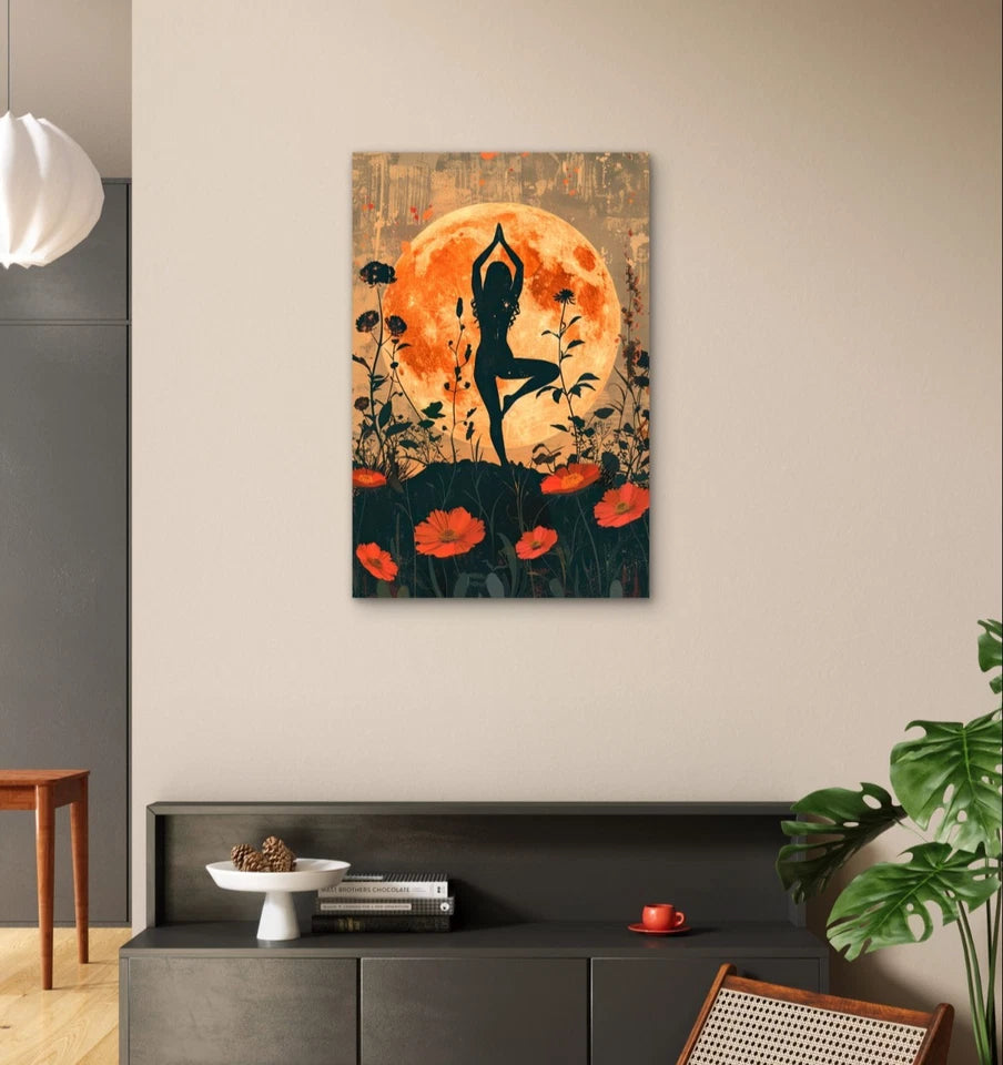 Sunset Yoga Silhouette and Flower Illustration 40x60cm Metal Print Ready to Hang